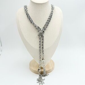 Traci Lynn Chain Long Silver Tone Heavy Chain Necklace Glass/crystal Pendant